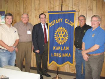 DISTRICT GOVERNOR - Tom Acosta (center), Rotary District Governor, visited the Kaplan club to promote this year’s theme, ‘Engage Rotary, Change Lives.’ A native of West Baton Rouge Parish, Acosta, has been an attorney in Port Allen since 1986. Shown with Acosta are Richard Constantin, Lyman Trahan, Acosta, Johnny Faulk, Kaplan Rotary President and Chris Whipple, Assistant District Governor and a member of the New Iberia Rotary Club.