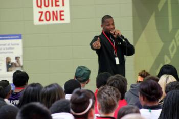 Anthony Levine of the Baltimore Ravens speaks to students at J.H. Williams.