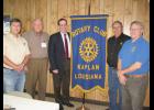 DISTRICT GOVERNOR - Tom Acosta (center), Rotary District Governor, visited the Kaplan club to promote this year’s theme, ‘Engage Rotary, Change Lives.’ A native of West Baton Rouge Parish, Acosta, has been an attorney in Port Allen since 1986. Shown with Acosta are Richard Constantin, Lyman Trahan, Acosta, Johnny Faulk, Kaplan Rotary President and Chris Whipple, Assistant District Governor and a member of the New Iberia Rotary Club.